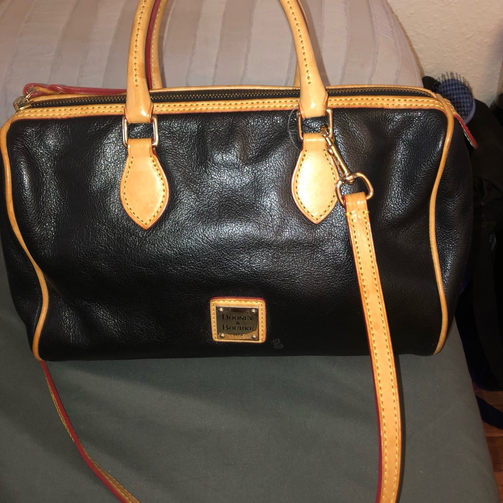 Dooney & Bourke Black Satchel with Yellow-Tan Trim and Gold Plate
